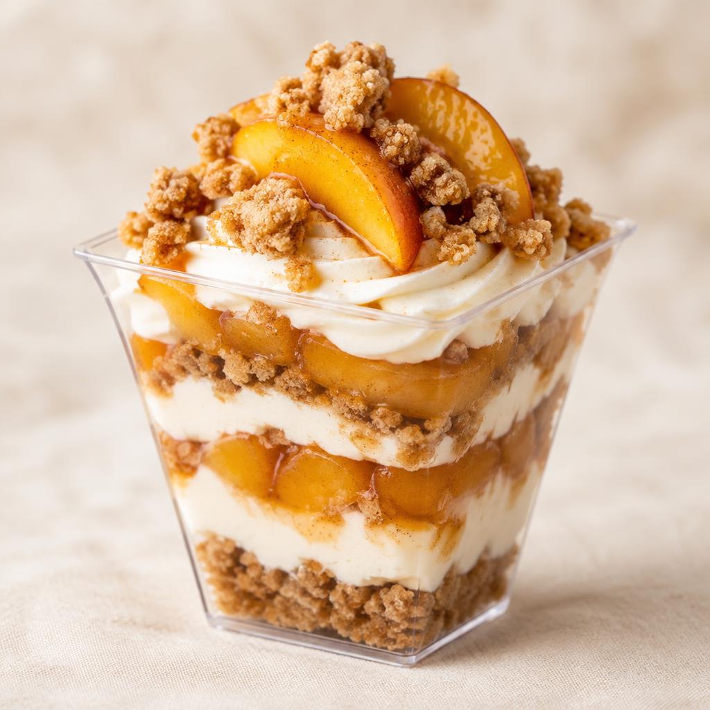 Peach cobbler cheesecake in a clear dessert cup by Bowlicious Eats