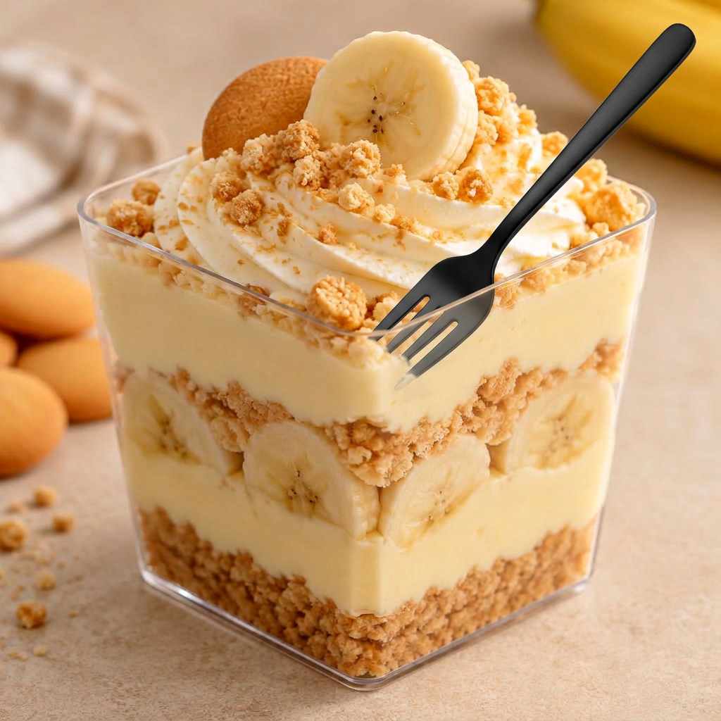 Banana pudding cheesecake cup by Bowlicious Eats with fresh banana and vanilla wafer