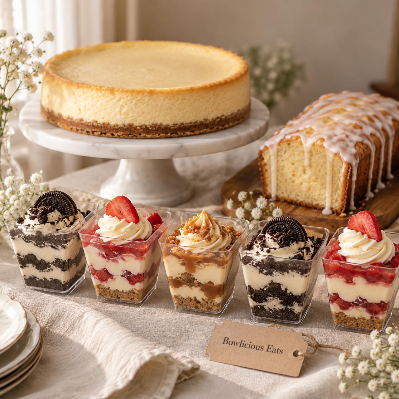 A Bowlicious Eats dessert table with a whole cheesecake, glazed pound cake and layered cheesecake cups
