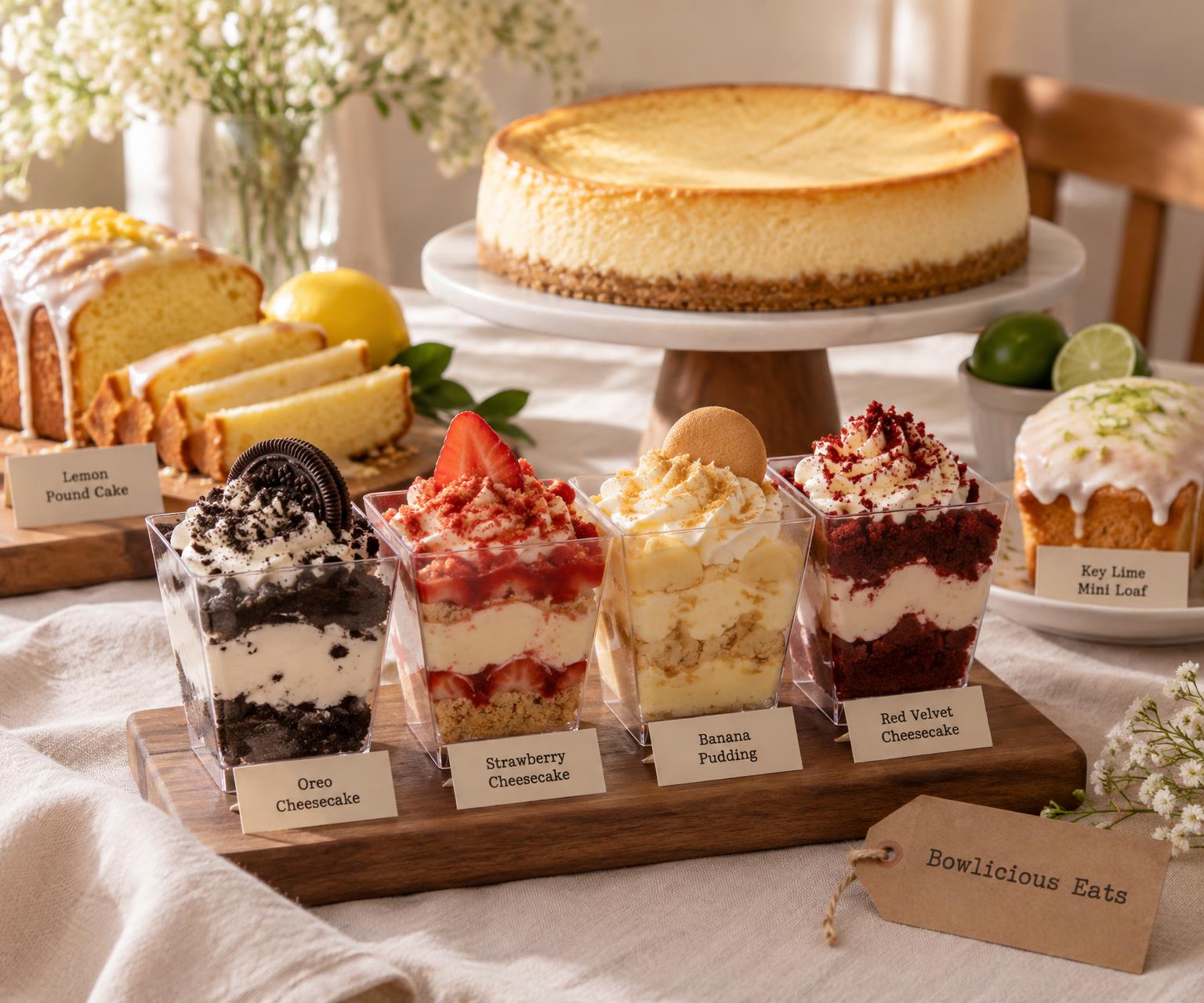 A Bowlicious Eats dessert spread: layered cheesecake cups, a whole cheesecake, lemon pound cake and a key lime mini loaf