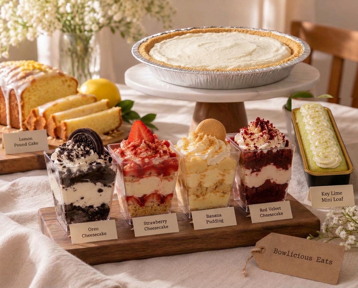 A Bowlicious Eats dessert spread: layered cheesecake cups, a whole cheesecake, lemon pound cake and a key lime mini loaf